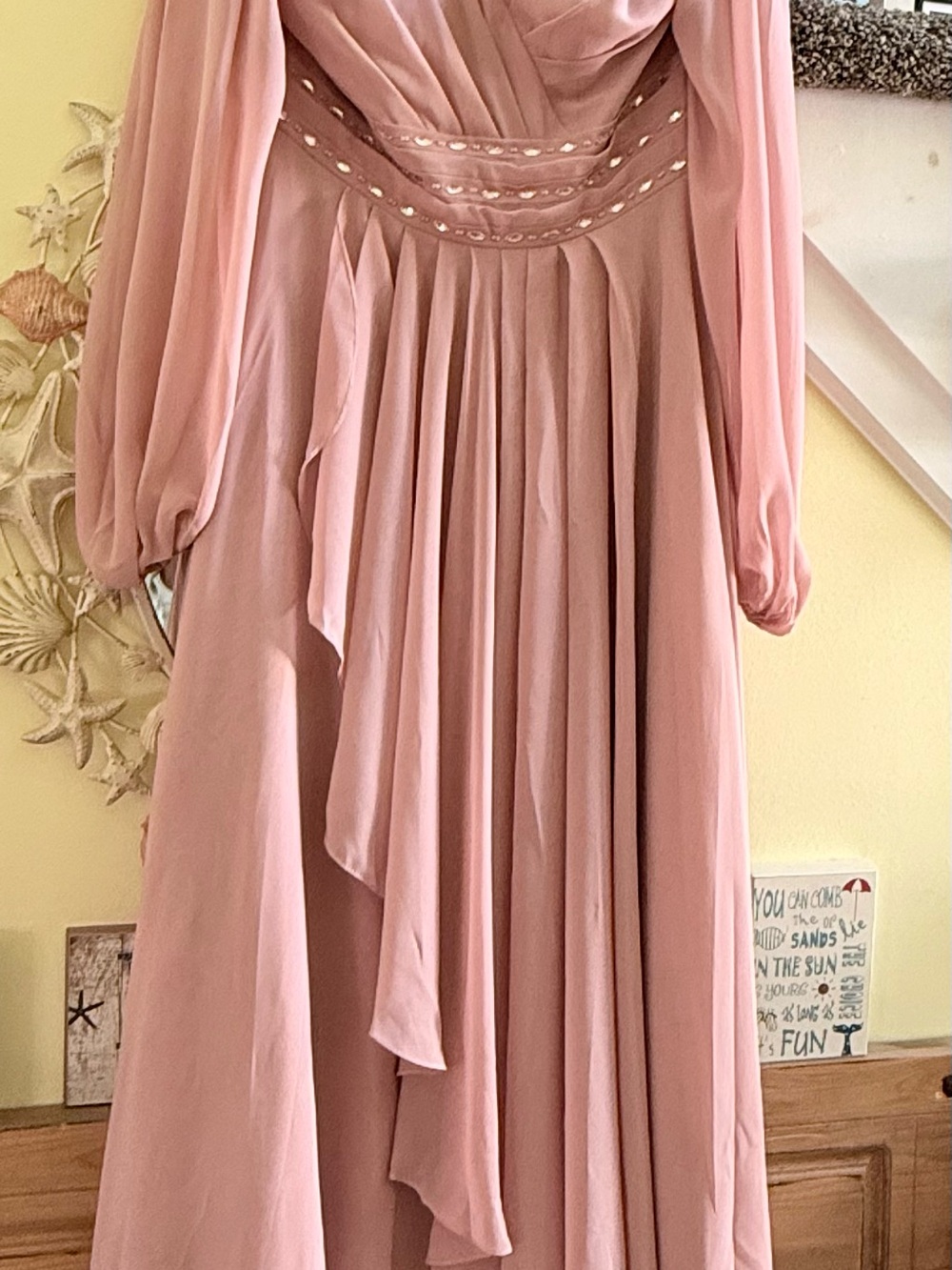 JJs House Blush Pink Long-Sleeve Pleated Evening Gown